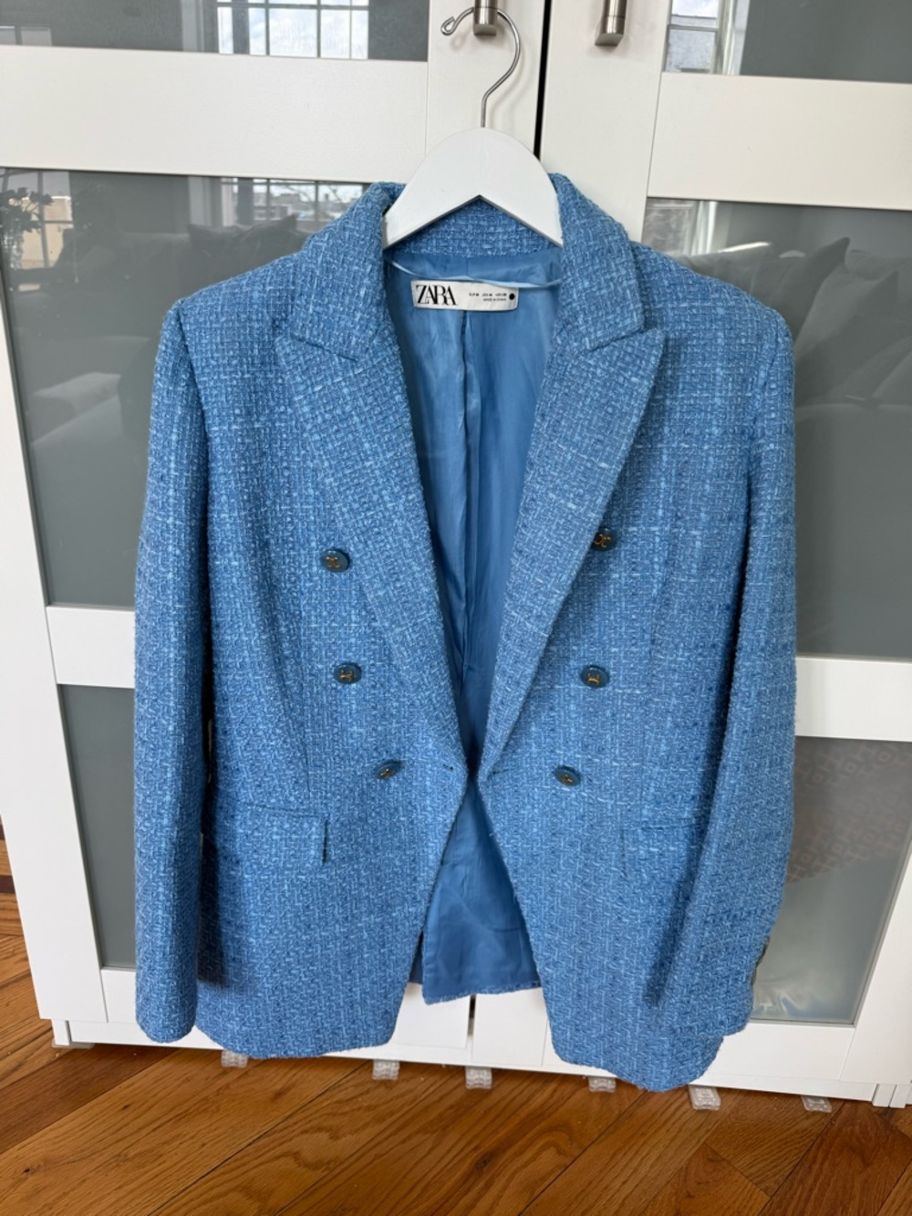 Zara Blue Tweed Double-Breasted Blazer